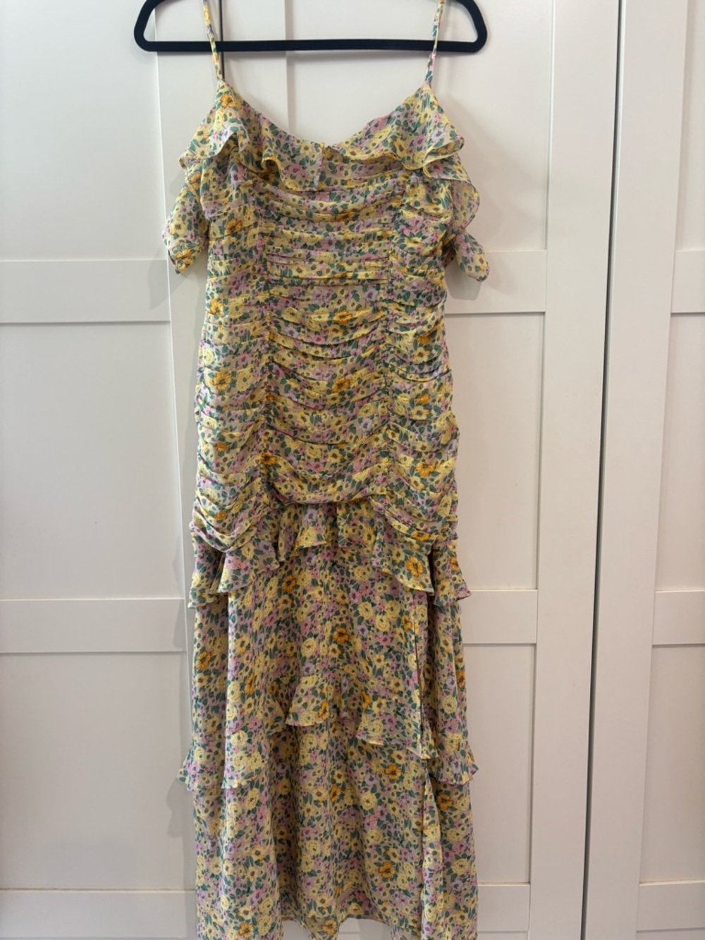 Astr Floral Yellow Ruched Maxi Dress with Pink & Green Accents